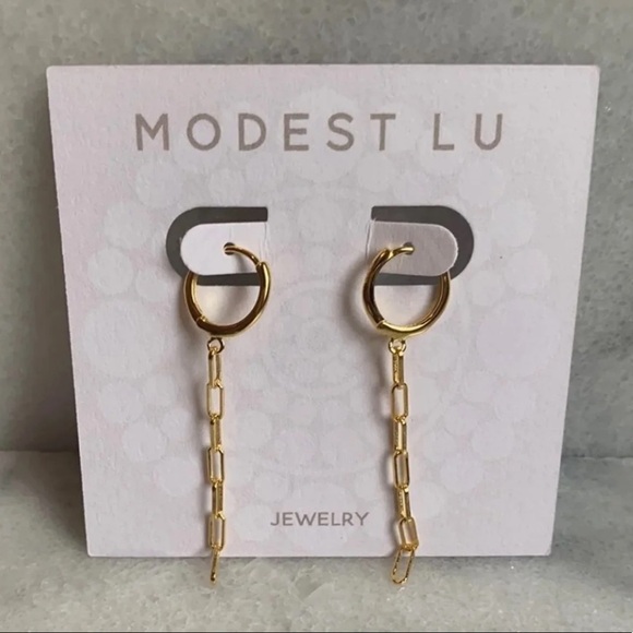 18K Gold Huggie Hoop Chain Earrings - Picture 1 of 5
